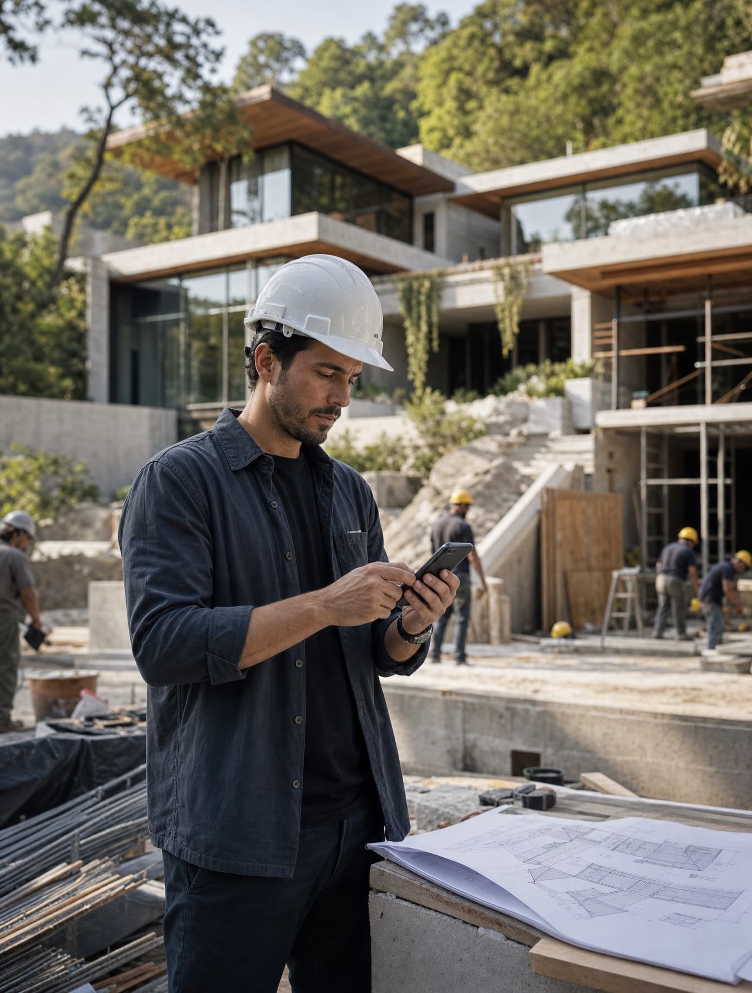 Residente de obra capturando avances en su celular desde la obra