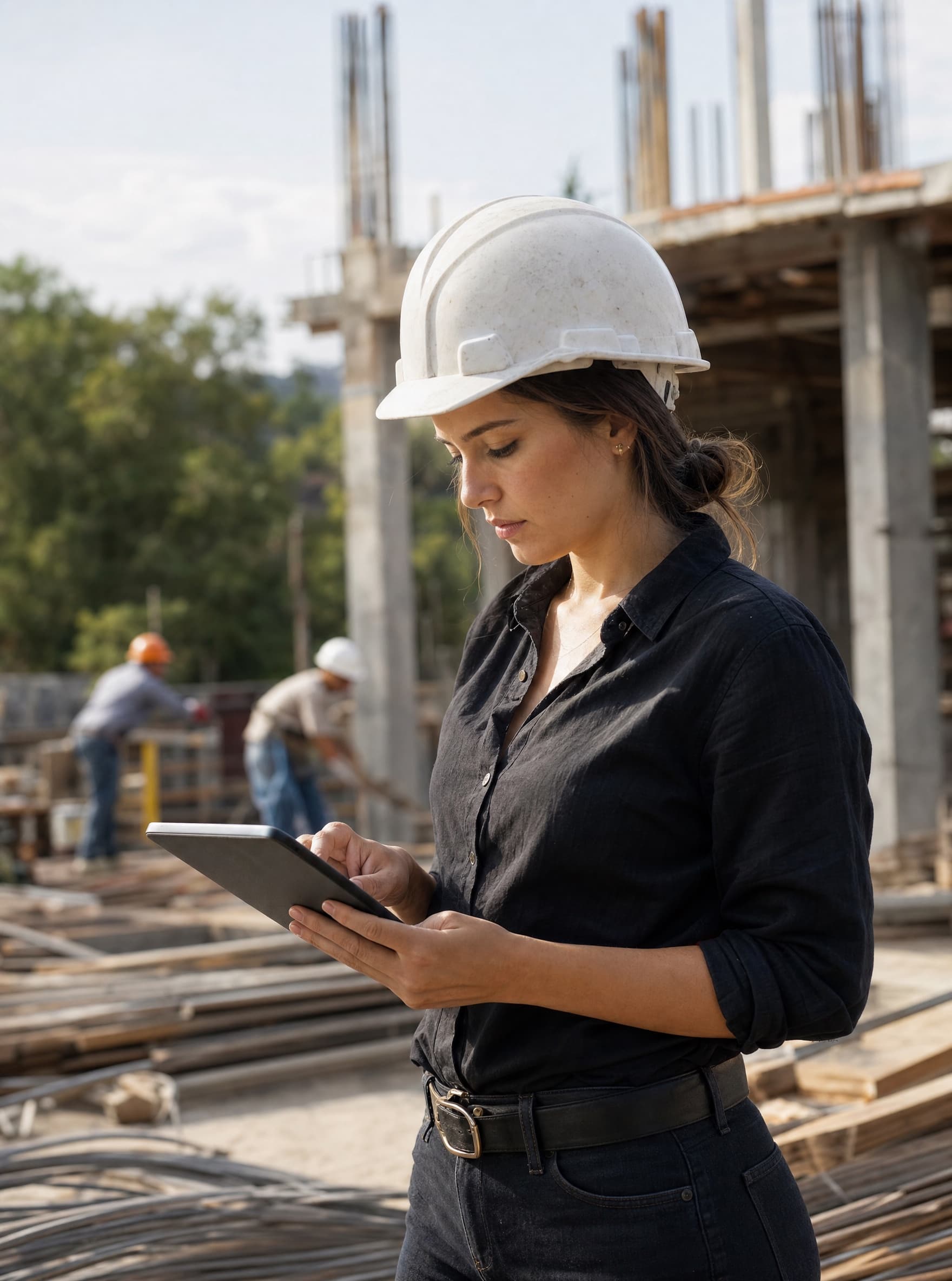 Arquitecta revisando el cronograma en una tablet frente a la obra